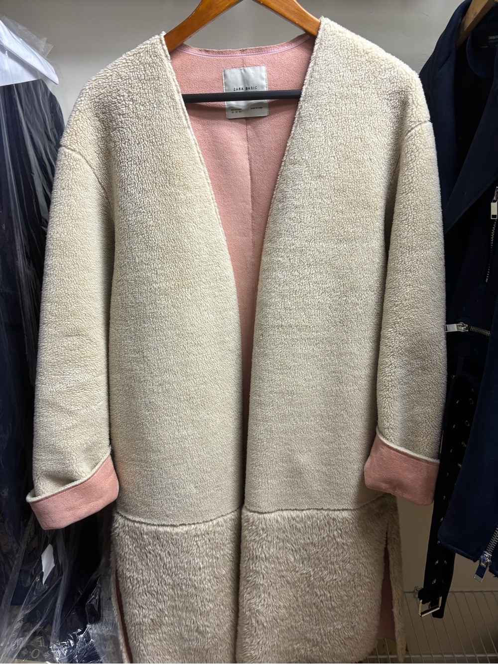 Zara Cream Teddy Coat with Pink Lining and Cuff Detail